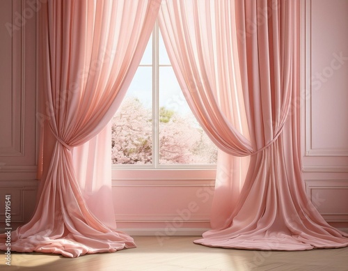 blush pink curtains frame a sunny window the soft color bringing warmth and a charming touch of elegance to the room
