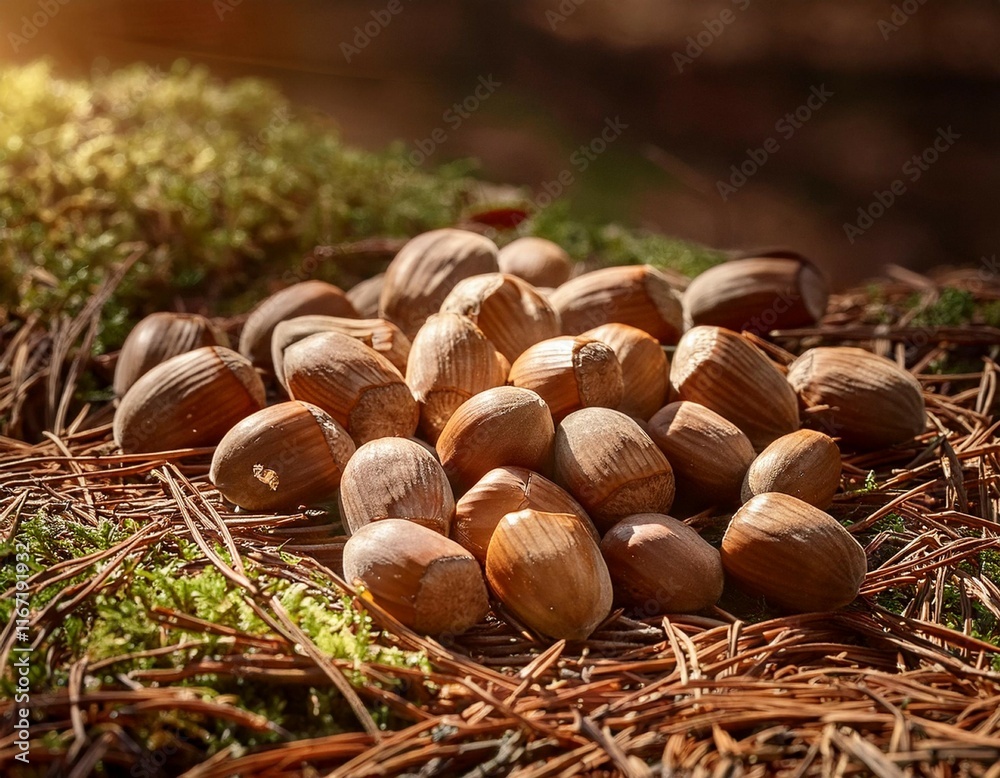 a pile of nuts lying on the forest floor a pile of nuts lying on the forest floor