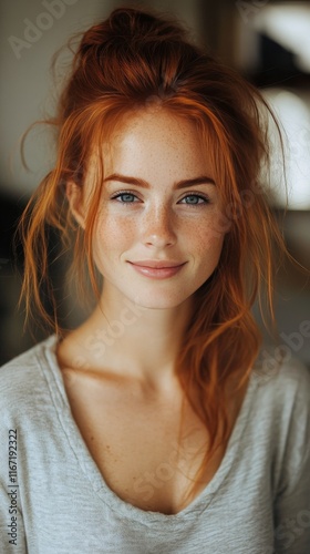 Young woman with freckled face smiling in a flower field during golden hour