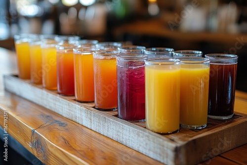 Variety of colorful drinks displayed on a wooden tray in a vibrant cafe setting