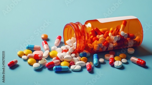 Top view of orange pill bottle with colorful tablets and capsules scattered on blue background