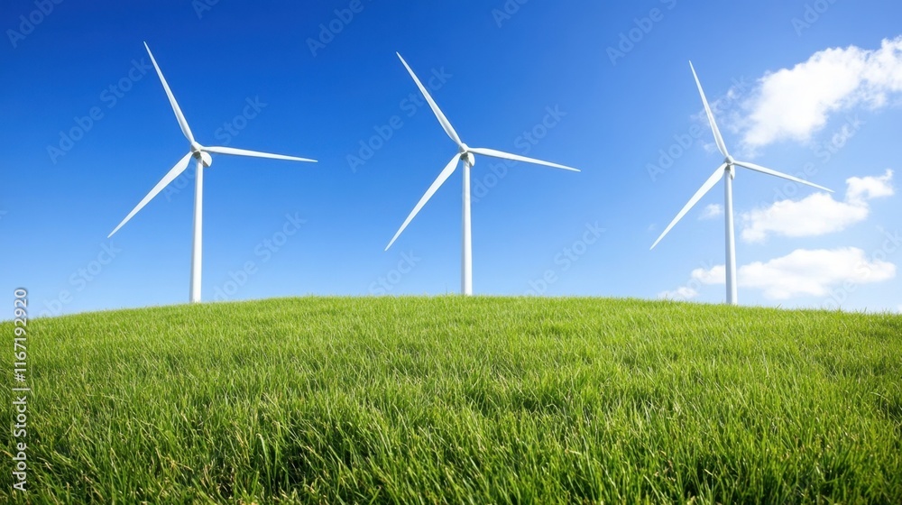 Three wind turbines on a grassy hill under a clear blue sky Three wind turbines on a grassy hill under a clear blue sky