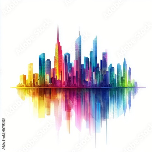Colorful skyline reflecting in water during a bright day in a modern city