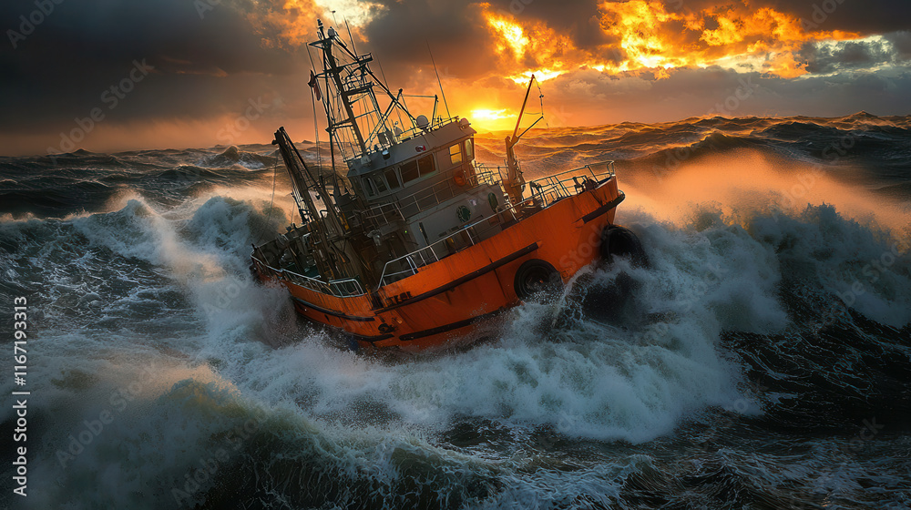 Obraz premium Struggling fishing boat battles turbulent seas at sunset, showcasing nature power and drama