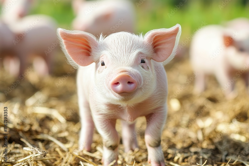 Pink piglet stands, straw, blurred piglets. Pink piglet stands, straw, blurred piglets.