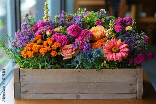 Colorful flower arrangement in wooden box by the window during daylight