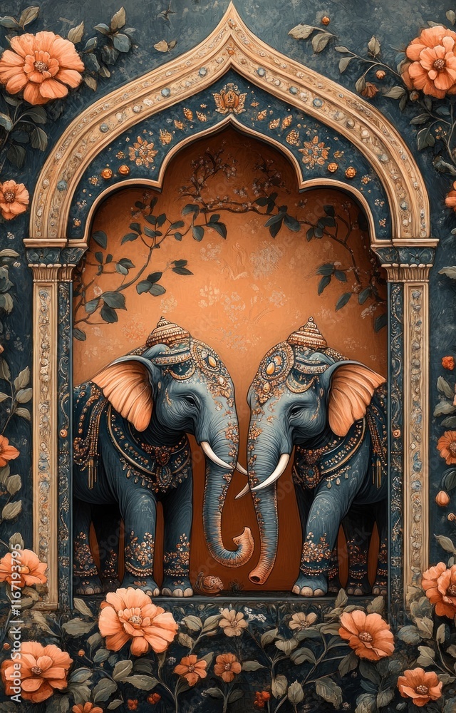 Fototapeta premium Mughal Elephants in Decorative Archway with Lush Garden Background