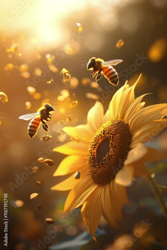 Buzzing bees pollinating a sunflower in warm sunlight during golden hour