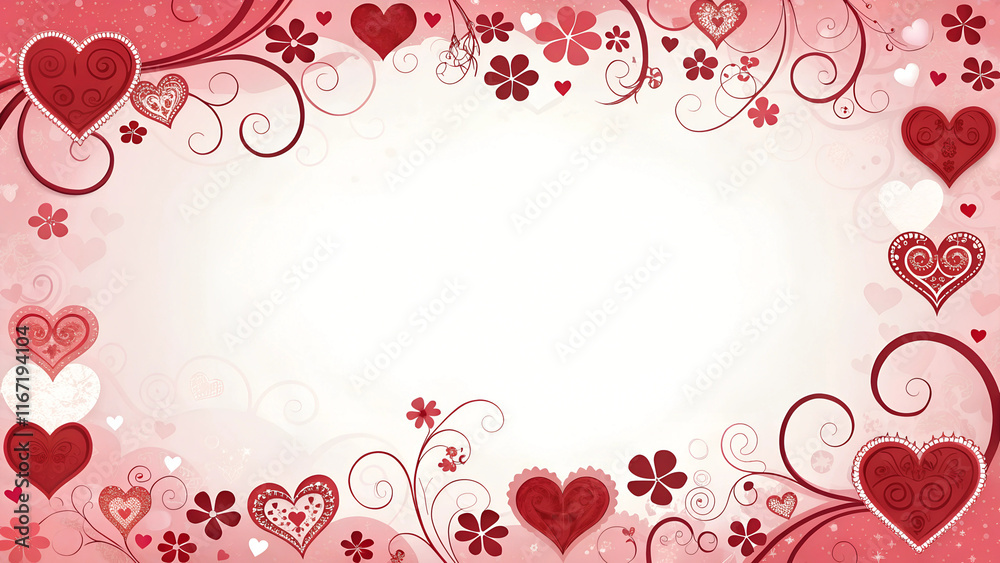 Valentine's Day border design with red and pink hearts and romantic motifs surrounding a blank space. Valentine's Day border design with red and pink hearts and romantic motifs surrounding a blank space.