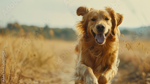 Beautiful happy dog Golden Retriever running around and playing photo