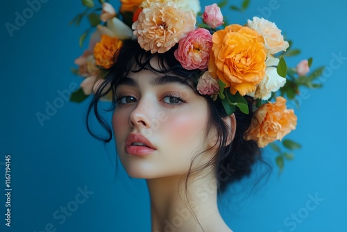 Young woman with a flower crown in a vibrant blue sky setting during daylight
