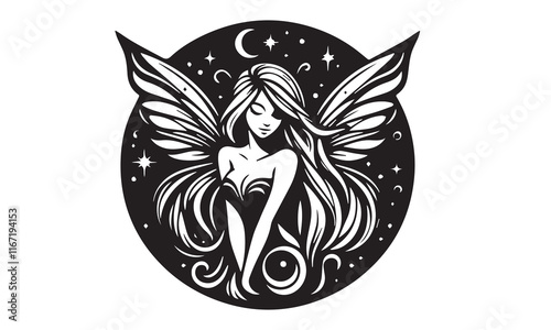 beautiful fairy silhouette. Bkack and white. Vector illustration