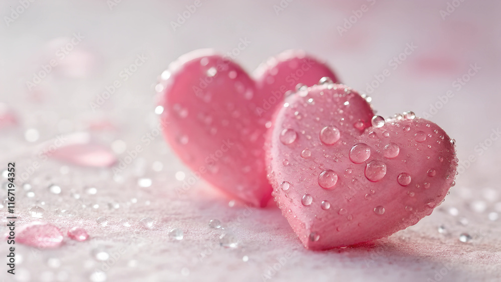Obraz premium Two pink hearts with water drops on a pastel inspired background.