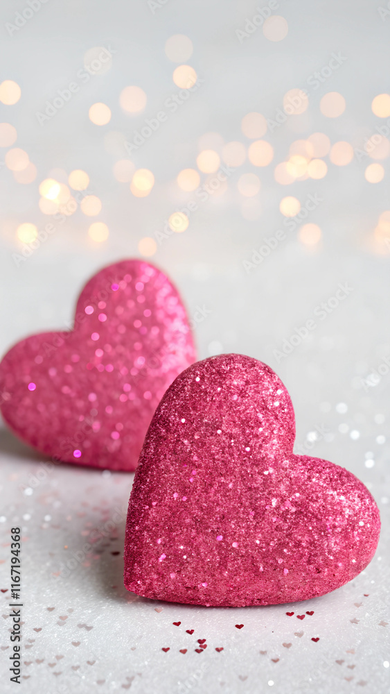 Obraz premium Two pink hearts with nice glittery texture details on empty background. Valentine?s day imagery with shiny glitter bokeh effect