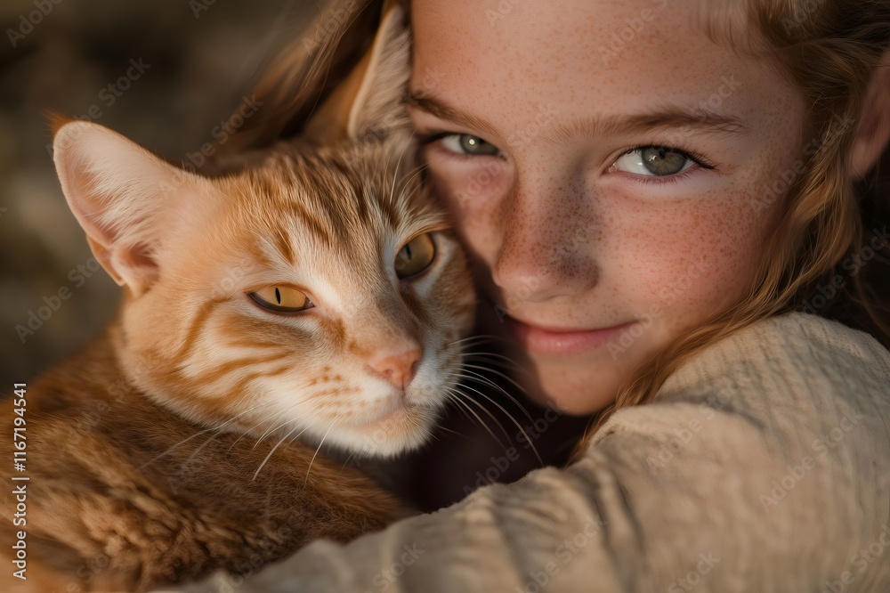 Young girl embracing a ginger tabby cat with affection Young girl embracing a ginger tabby cat with affection