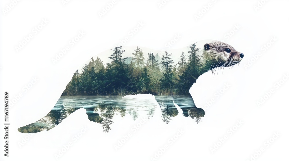 Obraz premium Enchanted Otter: Double-Exposure Watercolor Digital Art of Forest Silhouette Against White Background