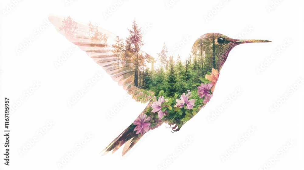 Obraz premium Enchanting Watercolor Double-Exposure: Hummingbird Silhouette with Lush Forest and Flowers in Vibrant Artistic Design on White Background