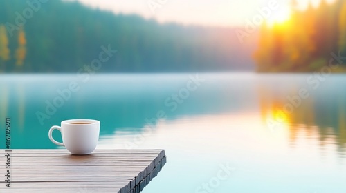 A serene lakeside scene featuring a cup of coffee at sunrise.
