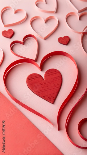 Valentine's day background with red heart on pink background. flat lay. Paper cut photo