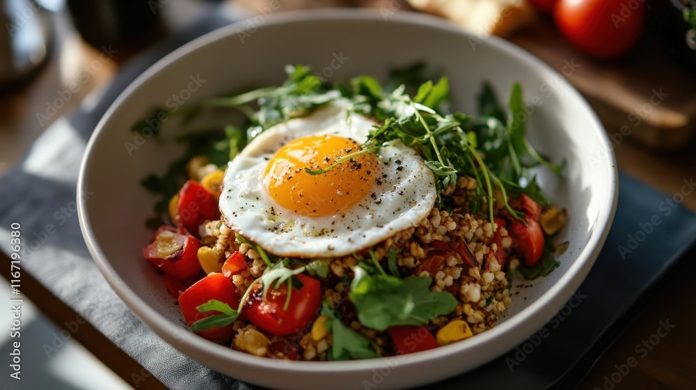 Quinoa salad topped with a poached egg and fresh vegetables in a cozy dining setting Quinoa salad topped with a poached egg and fresh vegetables in a cozy dining setting