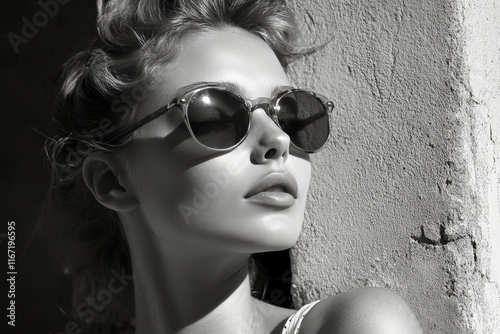 Young woman with sunglasses poses confidently against a wall in black and white
