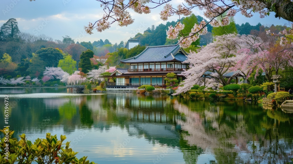 Beautiful Japonese garden with cherry blossom, sakura, with water lake and japonese houses. technology. Beautiful Japonese garden with cherry blossom, sakura, with water lake and japonese houses. technology.
