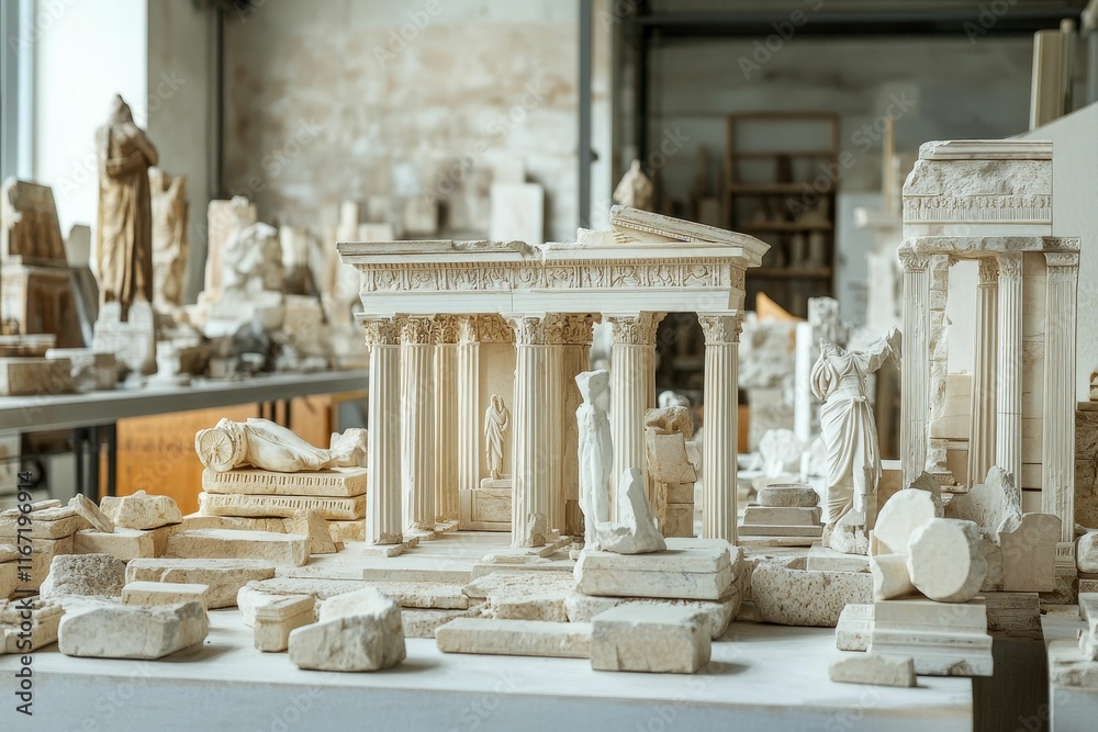 Fototapeta premium Ancient ruins model, pale stone, classical architecture.