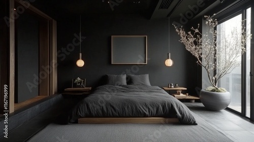 Cozy bedroom with ambient lighting and modern decor in a dark color scheme