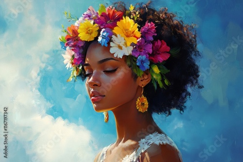 Young woman with a flower crown in a vibrant blue sky setting during daylight