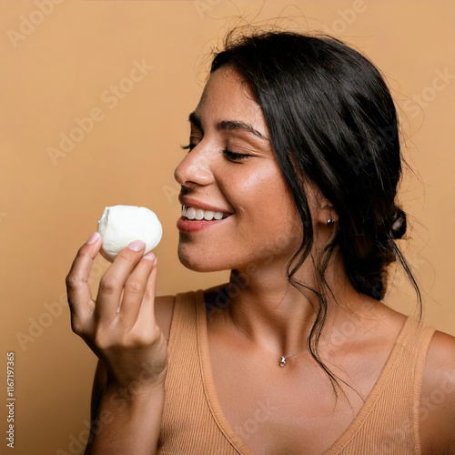 Happy brunette woman eating fresh mozzarella cheese with a smile