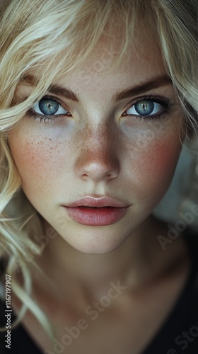 Captivating portrait of a young woman with striking blue eyes and flowing blo...