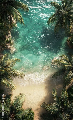 Serenity of a Tropical Lagoon Surrounded by Lush Palm Trees on a Sunny Day