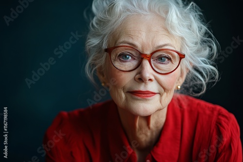 Thoughtful elderly woman in glasses gazes out thoughtfully from a cozy indoor...
