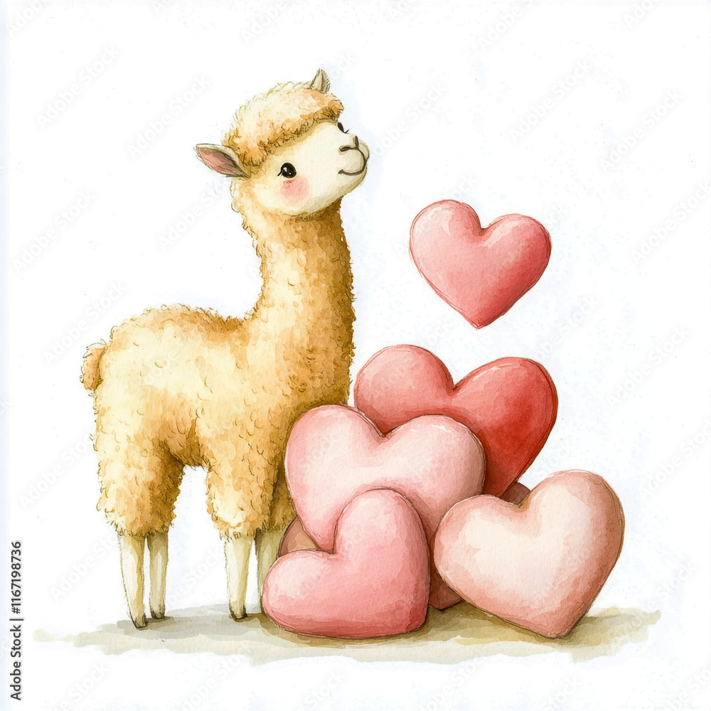Fototapeta premium A cute llama with fluffy fur stands beside a stack of pink hearts, exuding warmth and affection in a playful, whimsical illustration.