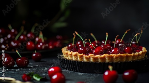 Cherry tart on a dark surface with fresh cherries garnishing the dessert