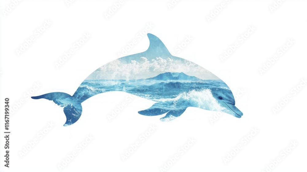 Fototapeta premium Majestic Dolphin Double-Exposure: Watercolor Ocean Silhouette
