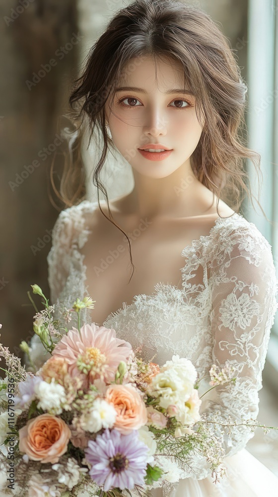 Beautiful Bride with Pastel Bouquet in Natural Light Beautiful Bride with Pastel Bouquet in Natural Light