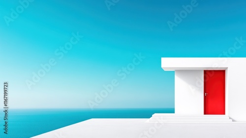 A minimalist white structure with a red door against a blue sky.