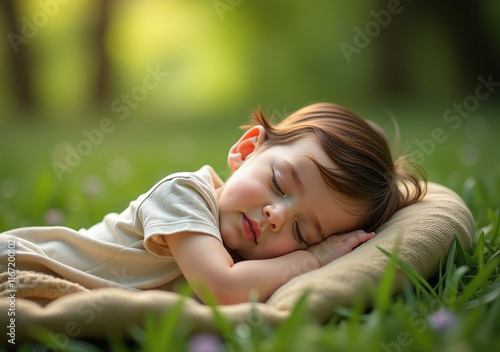 child rests peacefully nature setting surrounded symbols