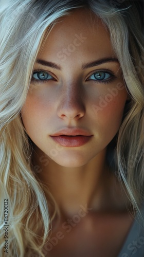 Captivating portrait of a young woman with striking blue eyes and flowing blo...