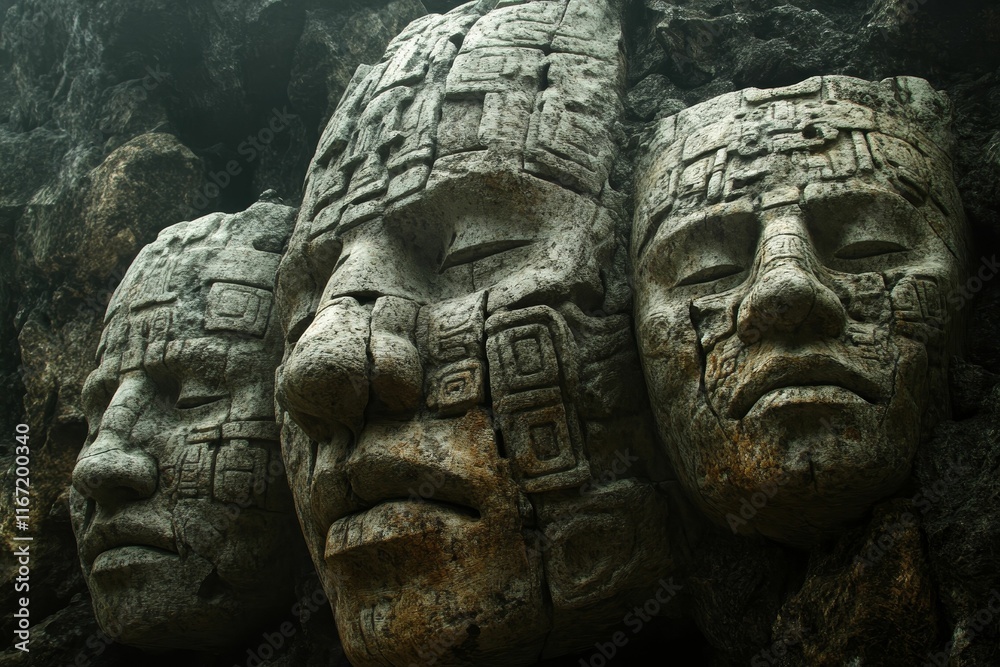 Stone faces carved into a dark rock wall. Stone faces carved into a dark rock wall.