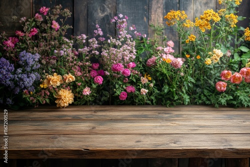 Colorful flower display behind rustic wooden table enhances serene atmosphere...