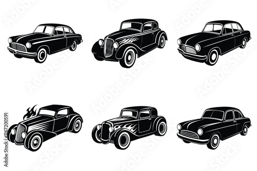 Vintage car silhouette set, Retro hot rod car collection vector illustration