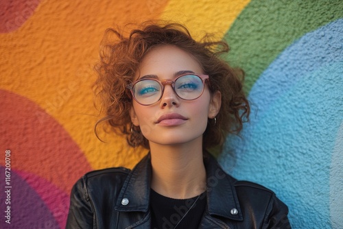 Young woman enjoying vibrant colors of urban mural in modern city