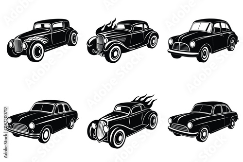 Vintage car silhouette set, Retro hot rod car collection vector illustration