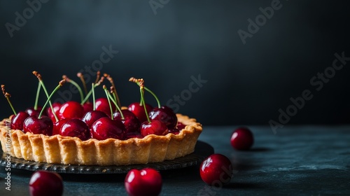 Cherry tart on a dark surface with fresh cherries garnishing the dessert