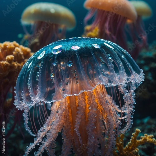 A jellyfish with tentacles that sparkle like colorful diamonds. photo