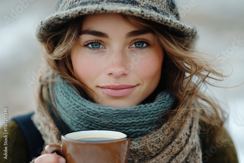 Young woman enjoying a warm drink outdoors in a cozy winter setting with natu...