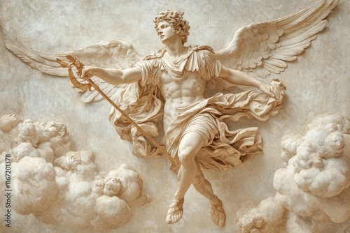 Mercury Hermes god statue running trough clouds in winged sandals, caduceus in hand. Commerce, ambassadors, travellers patron. Gods messenger, conductor of souls of dead., Generative AI photo