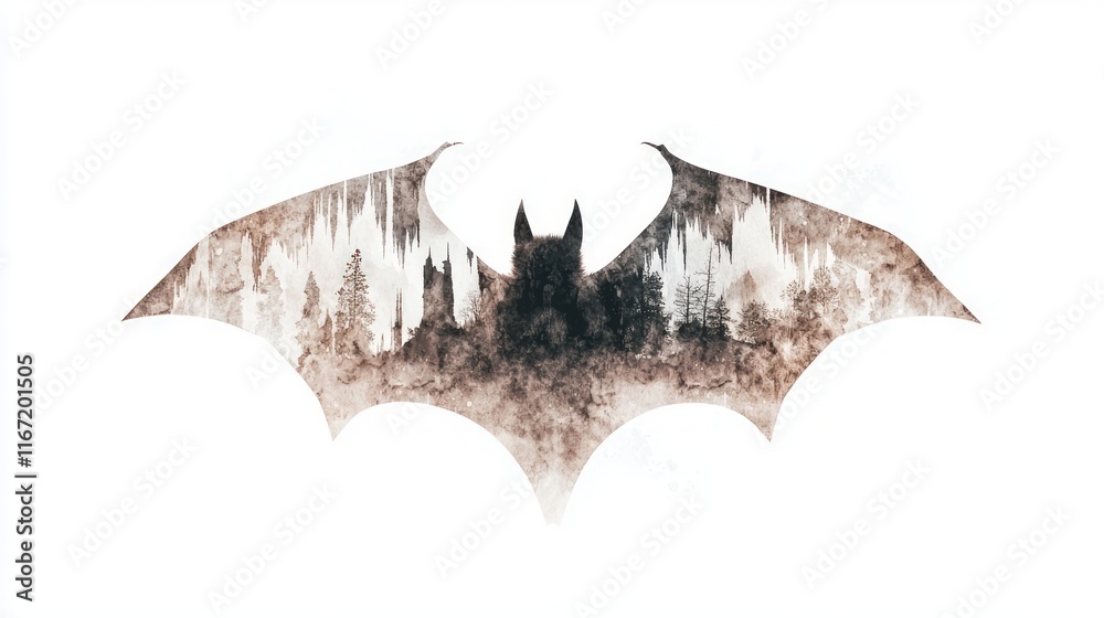 Fototapeta premium Mystical Bat Double-Exposure Watercolor Illustration with Cave Silhouette on White Background